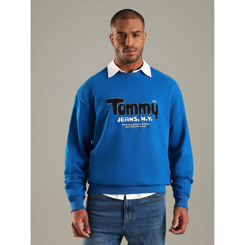 Tommy Hilfiger Men Blue Embroidered Logo Relaxed Fit Cotton Sweatshirt (XS)