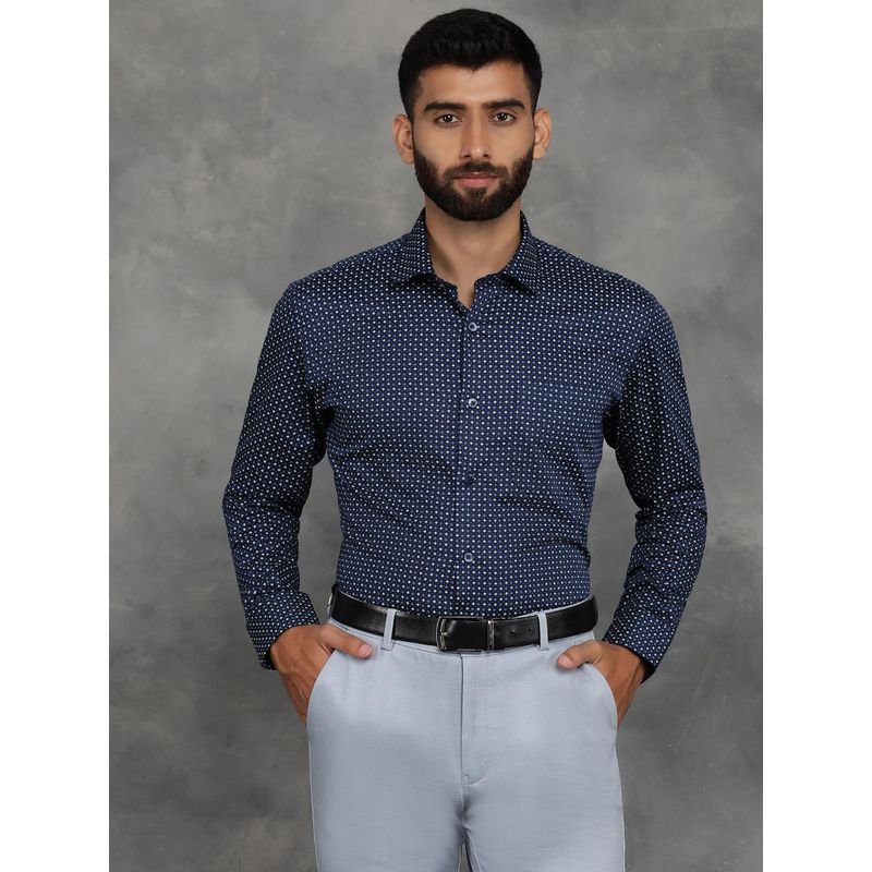 Greenfibre Navy Blue Cotton Printed Slim Fit Formal Shirt (38)