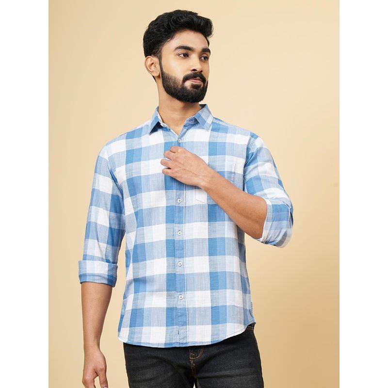 Greenfibre Blue Cotton Checked Slim Fit Casual Shirt (44)