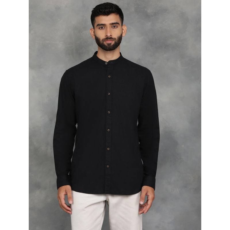 JadeBlue Black Cotton Linen Solid Full Sleeve Casual Shirt (40)