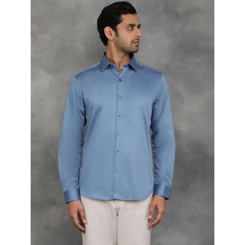 Greenfibre Blue Cotton Solid Slim Fit Casual Shirt (39)