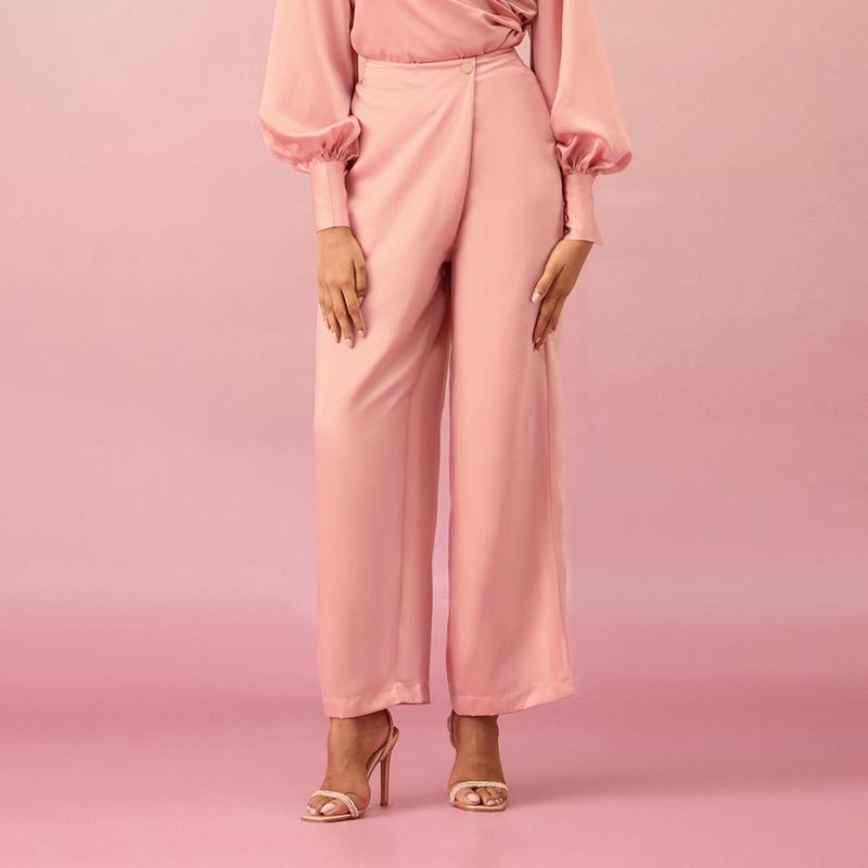 RSVP by Nykaa Fashion Pink Solid Wrap Straight Fit High Waist Satin Pant (26)