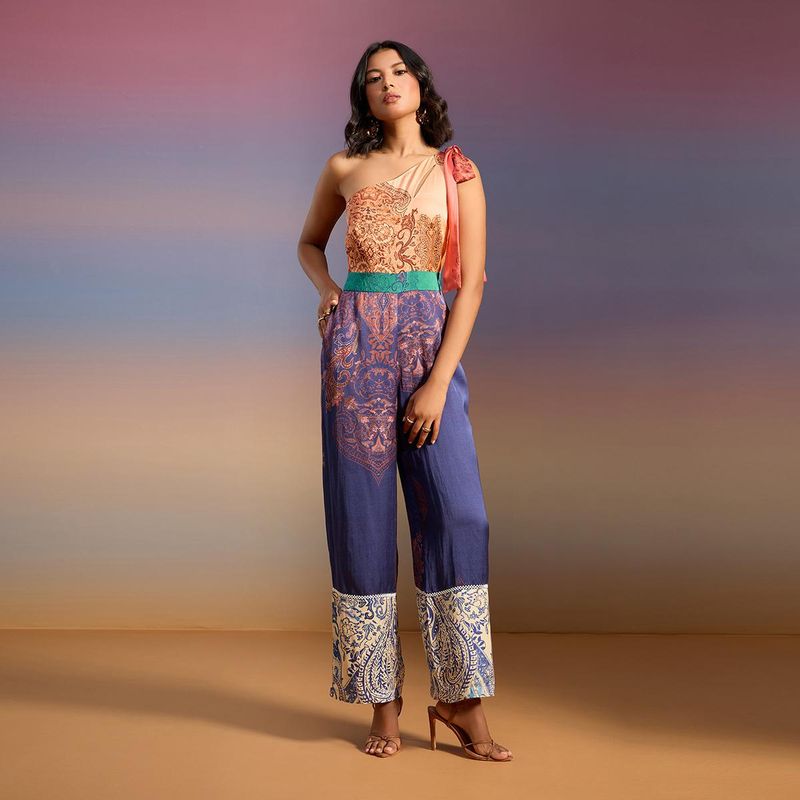 RSVP by Nykaa Fashion Multi-Color Colorblock Printed One Shoulder Straight Fit Satin Jumpsuit (XS)