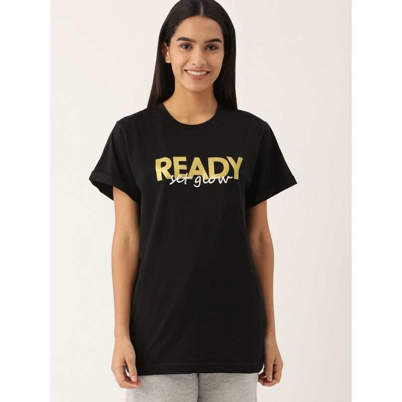 Kryptic Women Black Printed Pure Cotton Oversized Longline T-Shirt (S)
