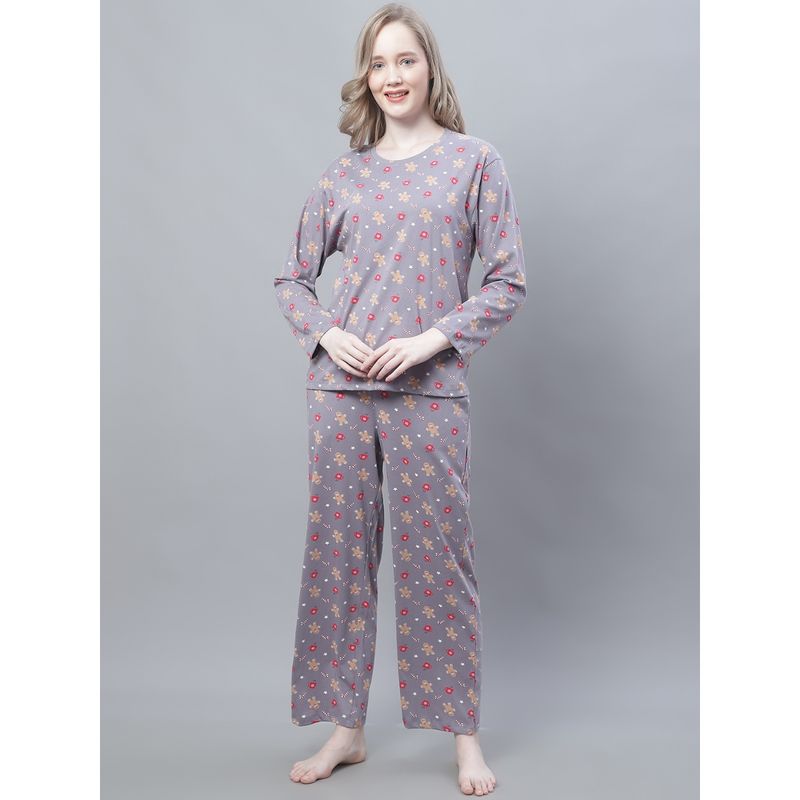 Kanvin Grey & Red Conversational Printed Pure Cotton Night Suit (Set of 2) (S)