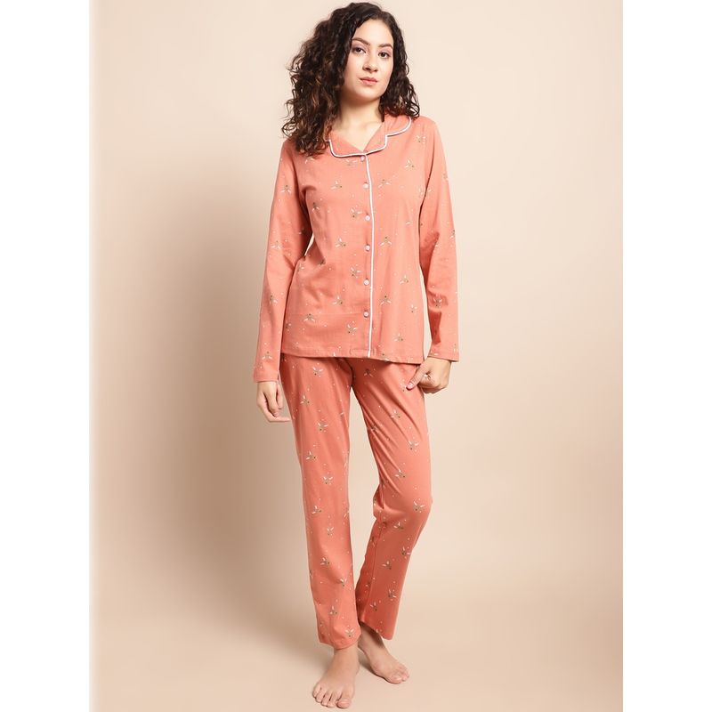 Kanvin Peach Conversational Printed Pure Cotton Night Suit (Set of 2) (L)