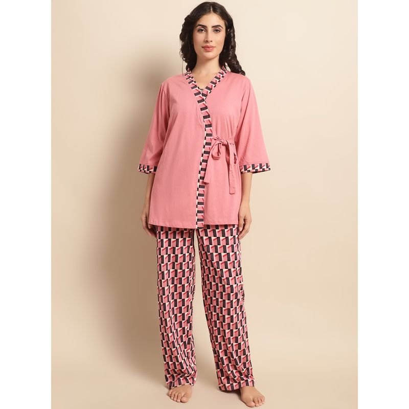 Kanvin Pink Geometric Printed Night suit (Set of 3) (2XL)