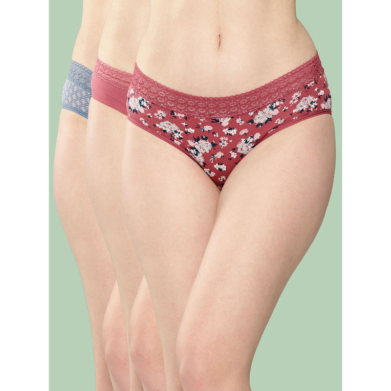 Leading Lady Women's Cotton Printed Mid Rise Hipster Lace Brief (Pack of 3) (L)