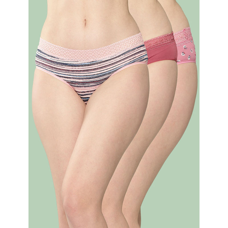 Leading Lady Women's Cotton Printed Mid Rise Hipster Lace Brief (Pack of 3) (XL)