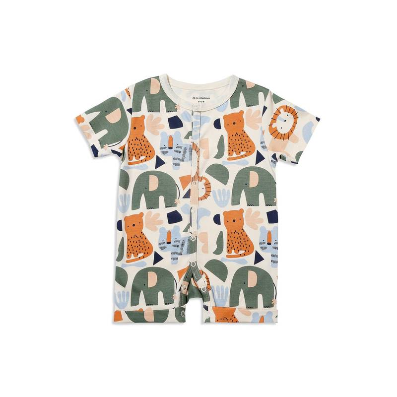 My Milestones 100% Cotton Half Sleeves Animals Romper - Cream (0-3 Months)