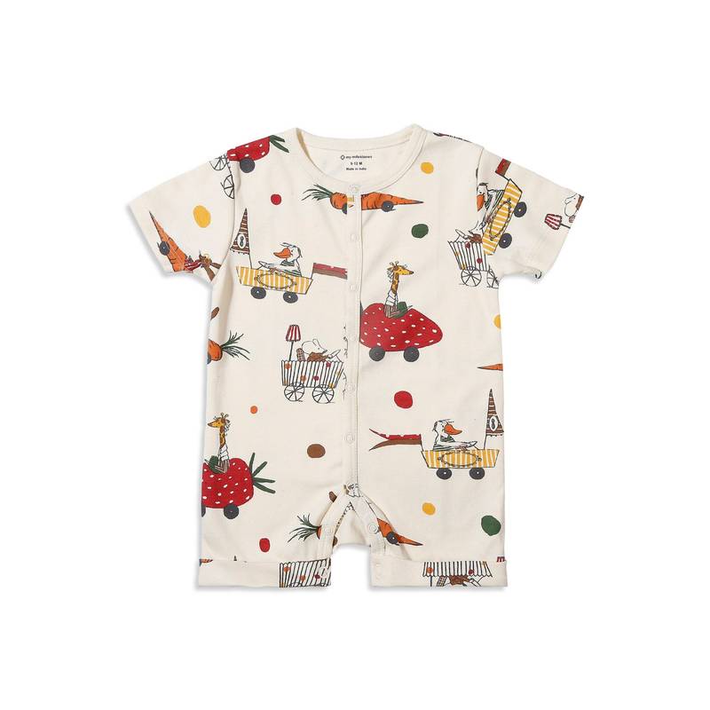 My Milestones 100% Cotton Half Sleeves Animals Romper - Cream (0-3 Months)