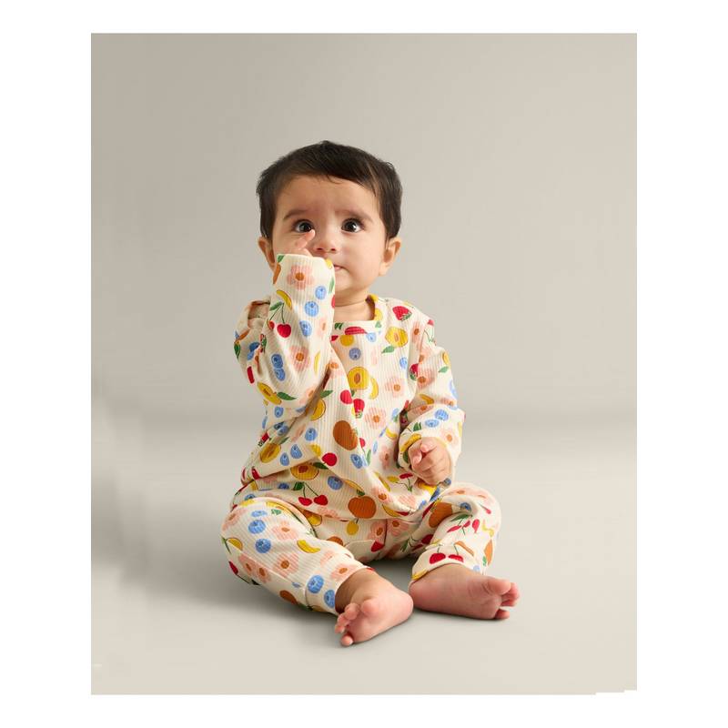 My Milestones 100% Cotton Full Sleeves Fruits Romper with Two Way Zipper - Cream (0-3 Months)