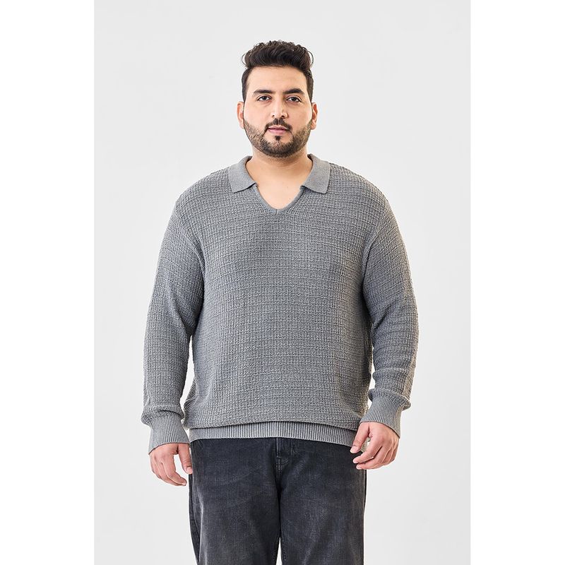 Snitch Grey Cotton Blend Full Sleeves Relaxed Polo T-Shirt (3XL)