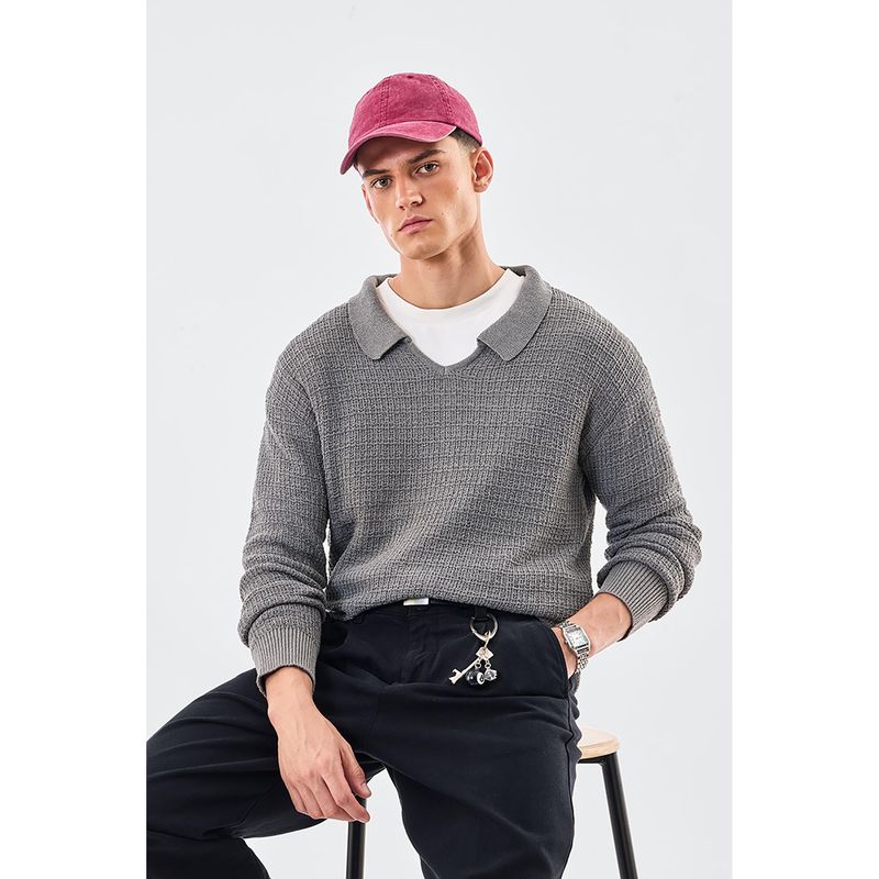 Snitch Grey Cotton Blend Full Sleeves Relaxed Polo T-Shirt (L)