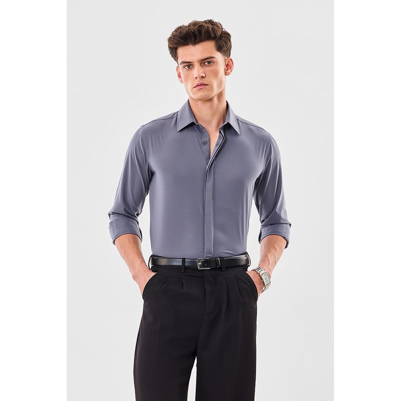 Snitch Grey Polyester Blend Full Sleeves Slim Button Fly Shirt (S)