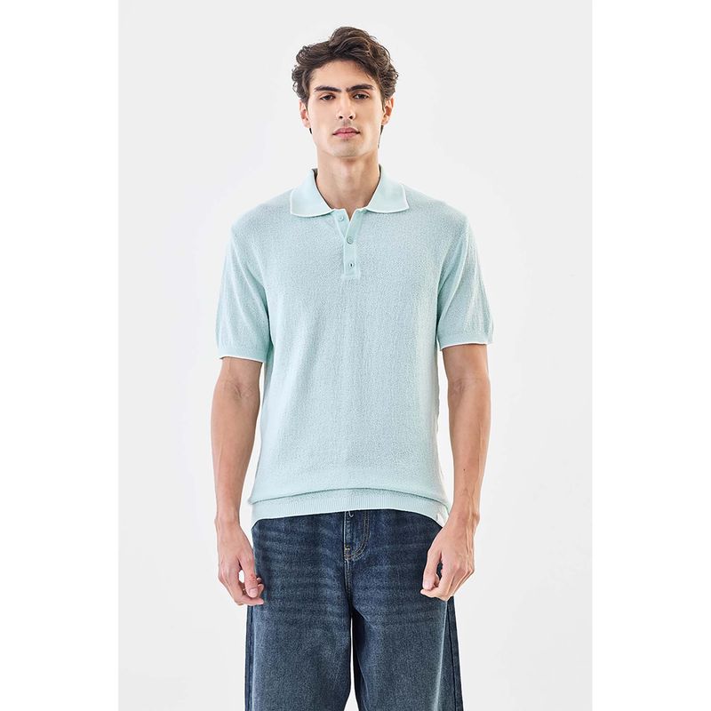Snitch Men Pastel Blue Textured Half Sleeves Regular Polo T-shirt (XS)