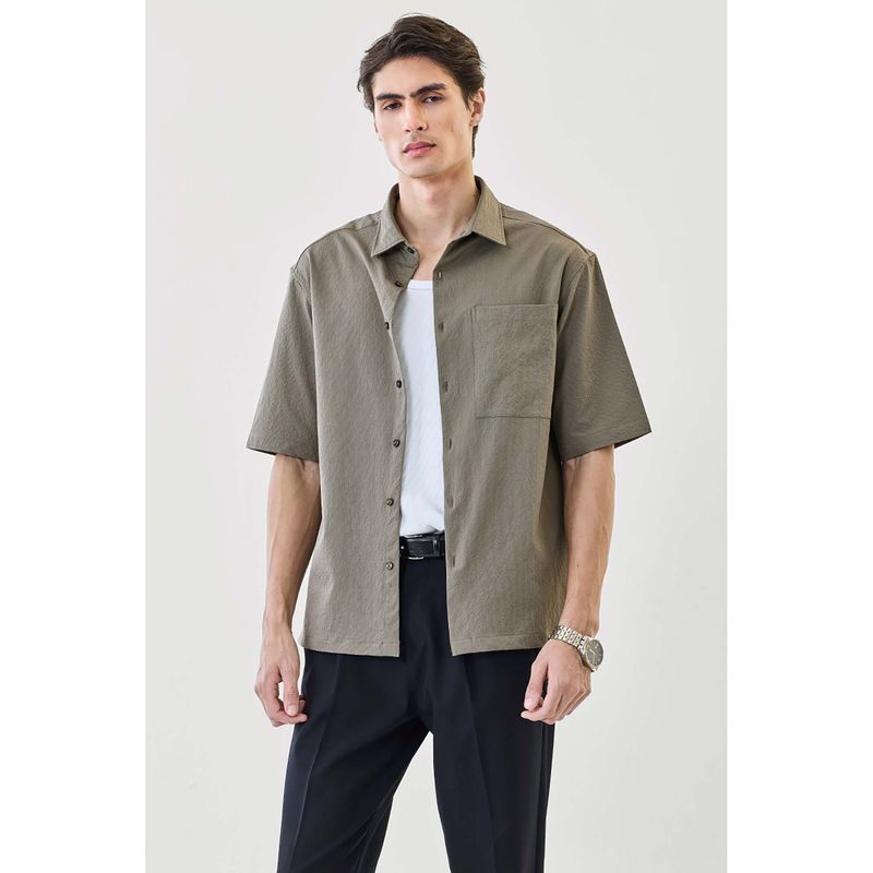 Snitch Men Olive Textured Half Sleeves Oversized Casual Shirt (XS)
