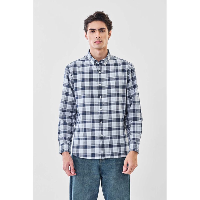 Snitch Men Navy Blue Checks Full Sleeves Regular Shirt (XS)