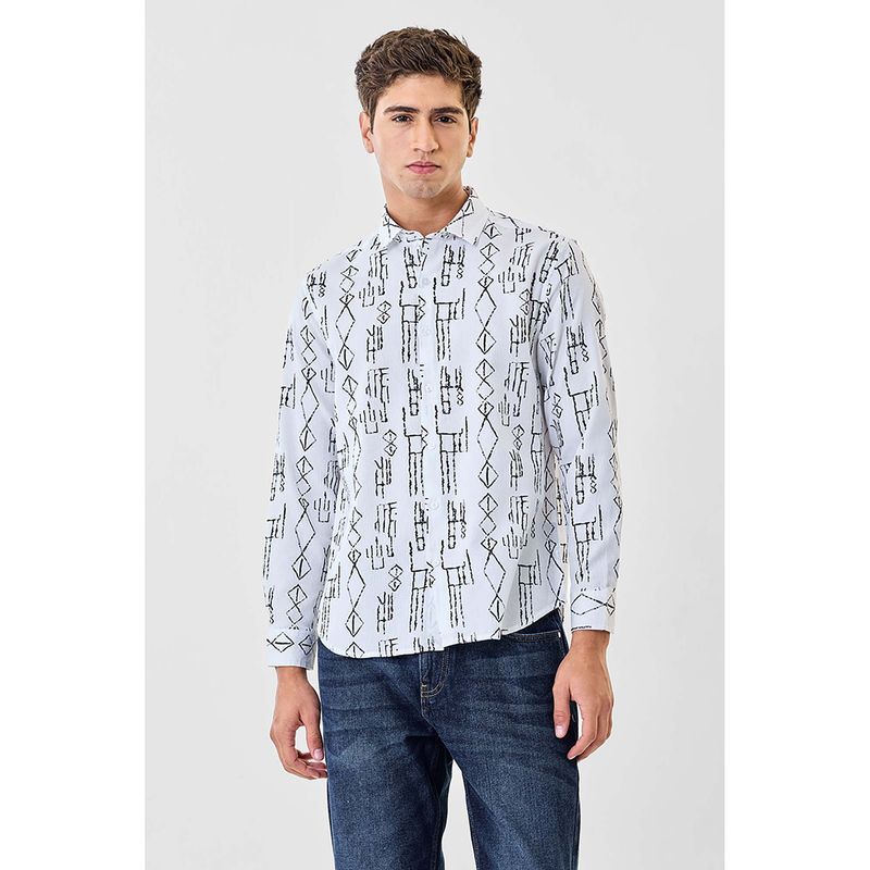 Snitch Men White Abstract Printed Full Sleeves Regular Casual Shirt (XS)