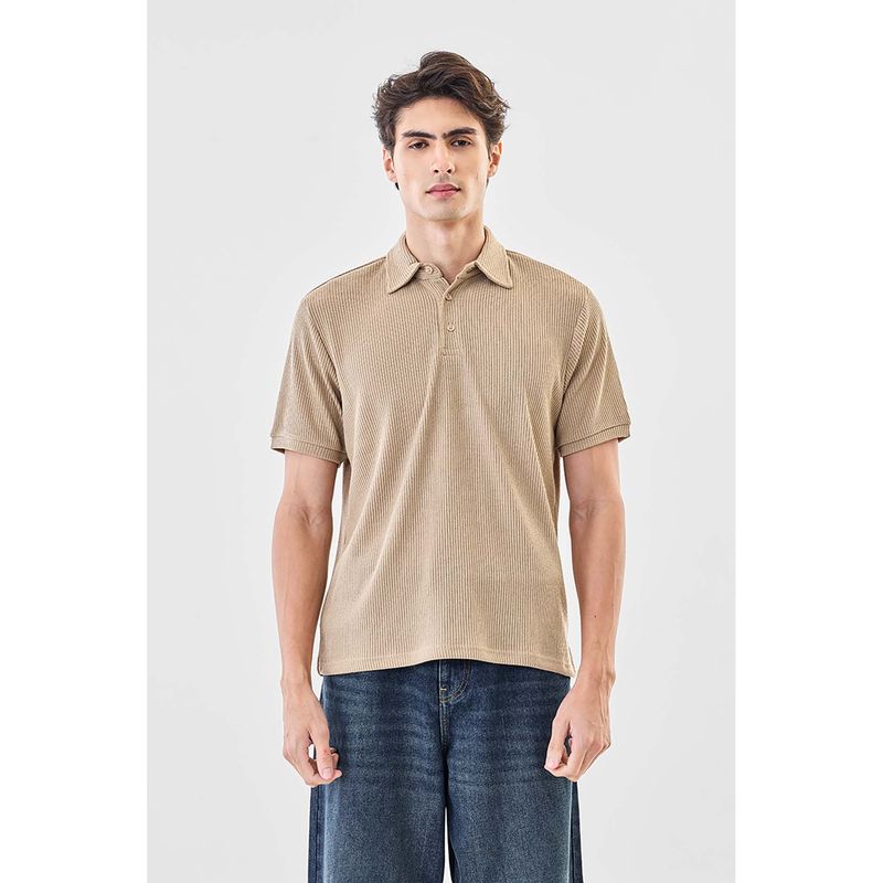 Snitch Men Beige Textured Half Sleeves Regular Polo T-shirt (2XL)