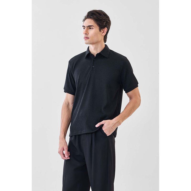 Snitch Men Black Textured Half Sleeves Regular Polo T-shirt (XL)