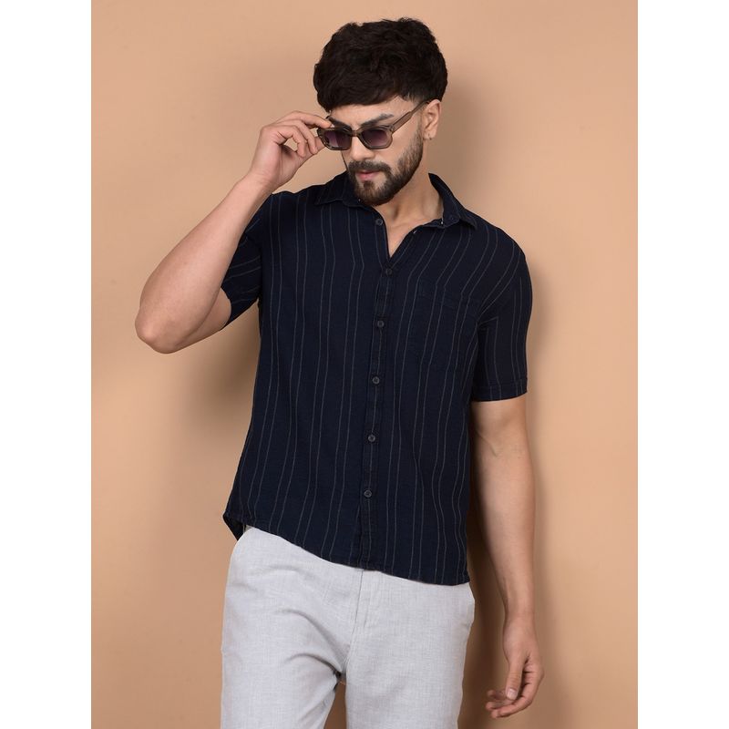 CRIMSOUNE CLUB Men Navy Blue Vertical Stripes 100% Cotton Shirt (XL)