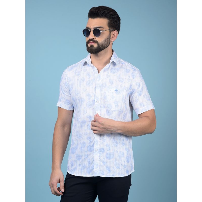 CRIMSOUNE CLUB Men Blue Floral Print 100% Cotton Knitted Shirt (S)