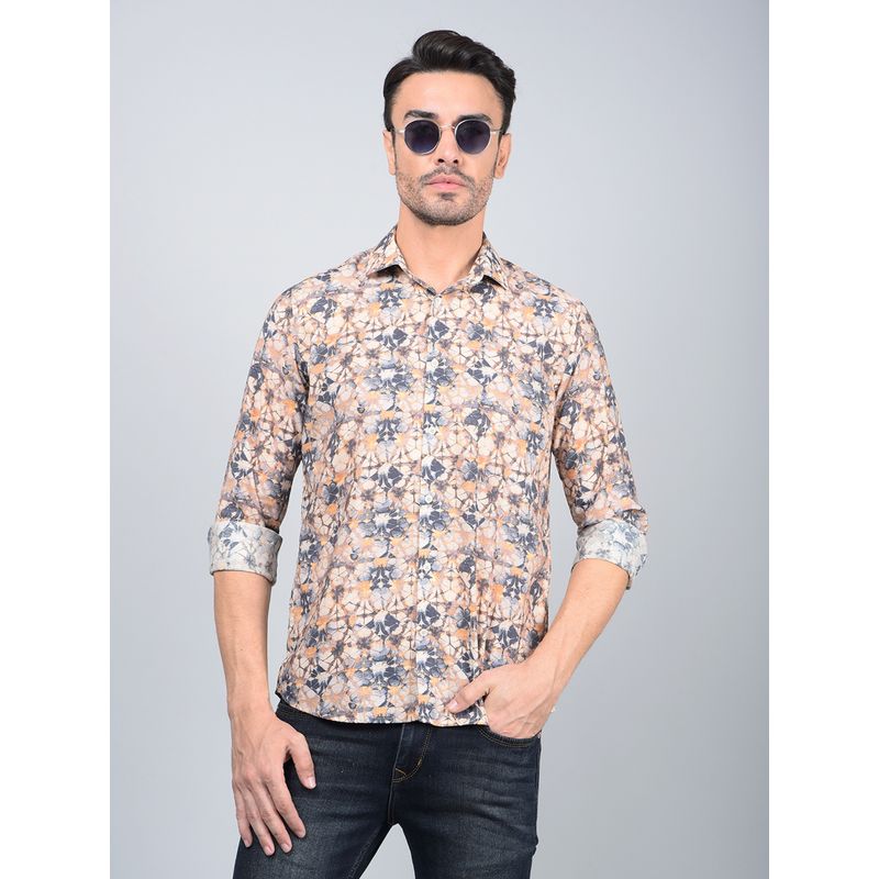 CRIMSOUNE CLUB Men Peach Floral Print Modal Shirt (L)