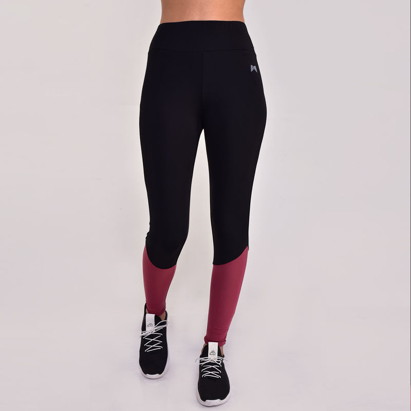 Muscle Torque Women Gym/Yoga Tight - Black Fabric With Maroon Mesh At Bottom (XL)