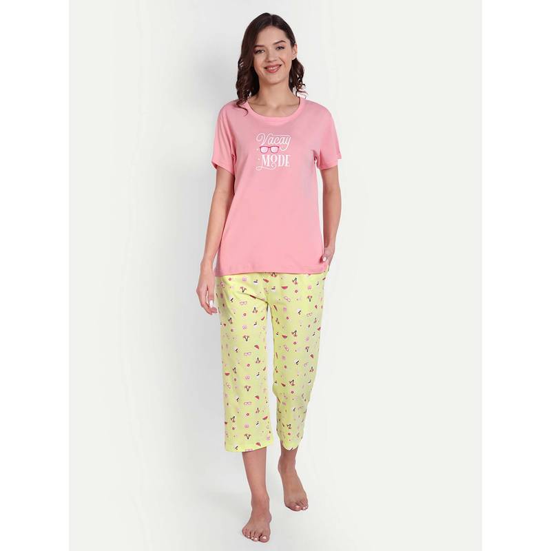 Bedtime Story Pink & Yellow Half Sleeves T-Shirt with Capri (S)