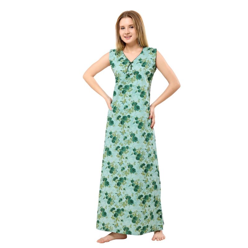 PIU Green Cotton Floral Sleeveless Nightdress (L)