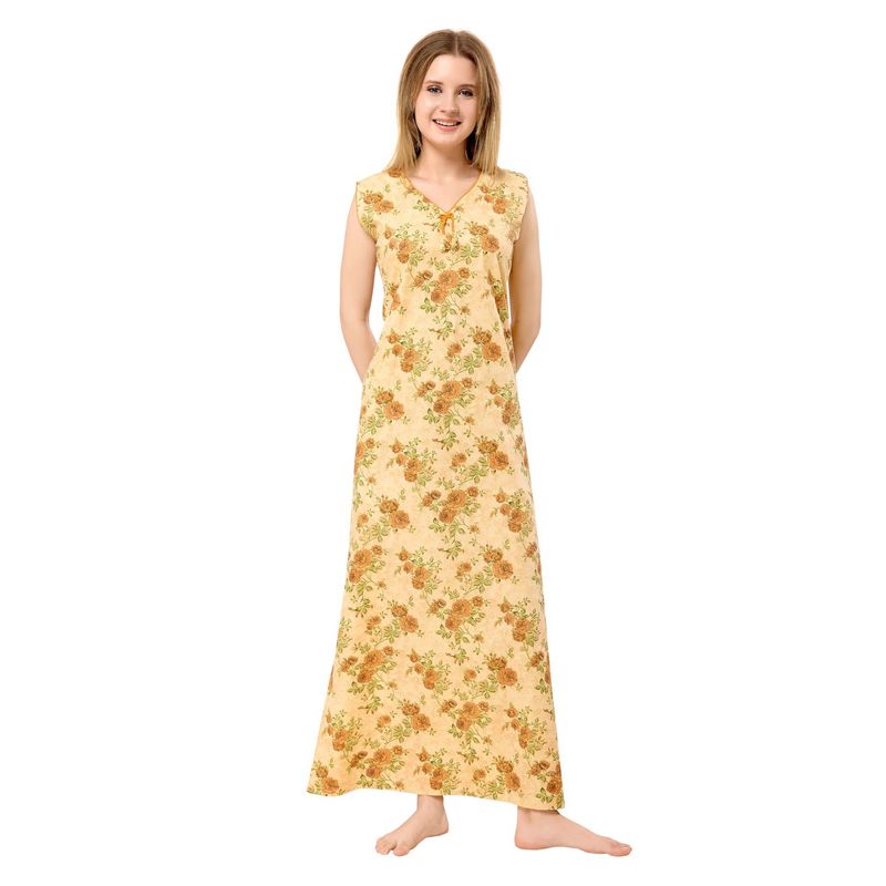 PIU Mustard Cotton Floral Sleeveless Nightdress (M)