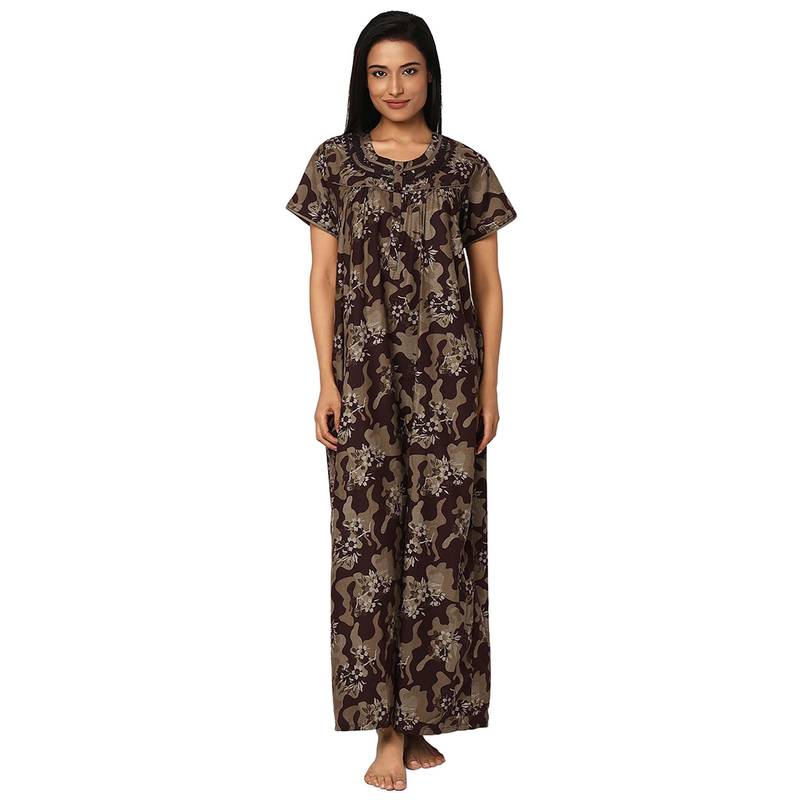 Juliet Dark Brown Cotton Half Sleeves Nightdress (M)