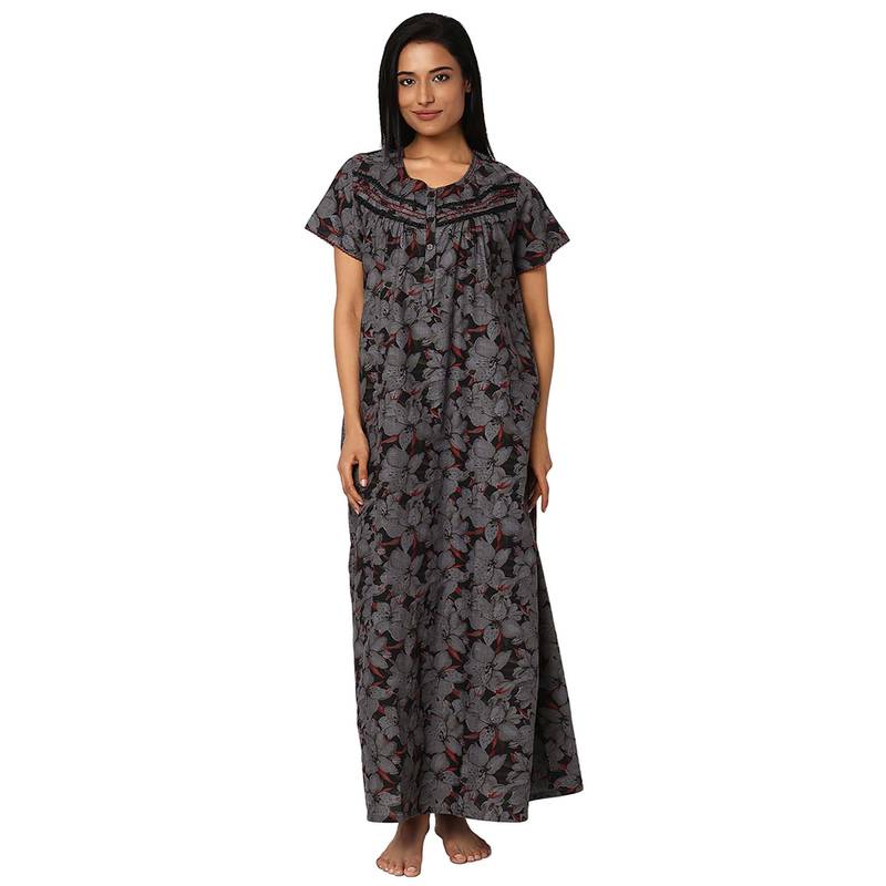 Juliet Black Floral Cotton Half Sleeves Nightdress (M)