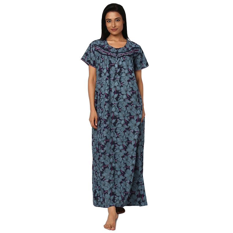 Juliet Navy Blue Floral Cotton Half Sleeves Nightdress (M)
