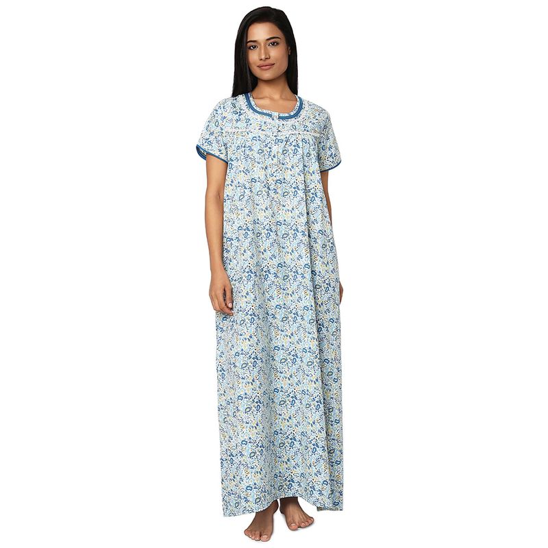 Juliet Blue Cotton Half Sleeves Nightdress (M)