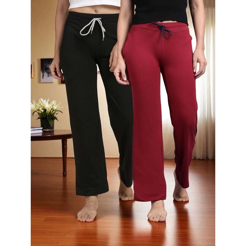Kryptic Maroon & Black Cotton Solid Mid-Rise Pyjamas (Pack of 2) (L)