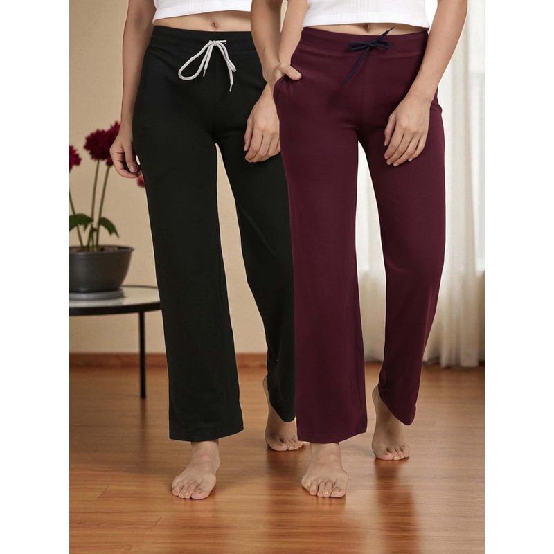 Kryptic Wine & Black Cotton Solid Mid-Rise Pyjamas (Pack of 2) (S)