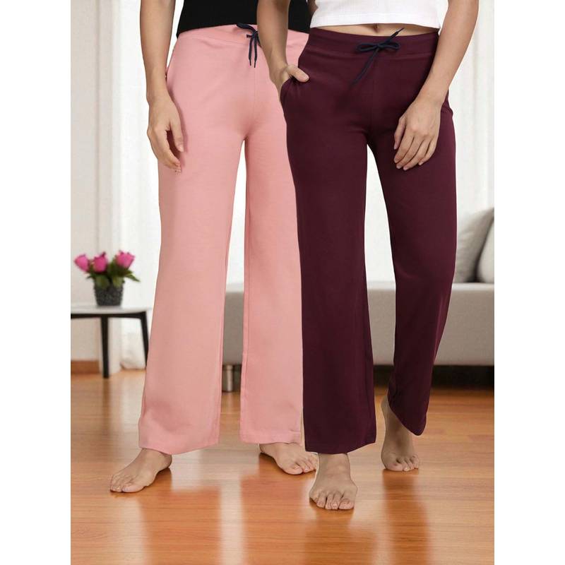 Kryptic Wine & Pink Cotton Solid Mid-Rise Pyjamas (Pack of 2) (S)