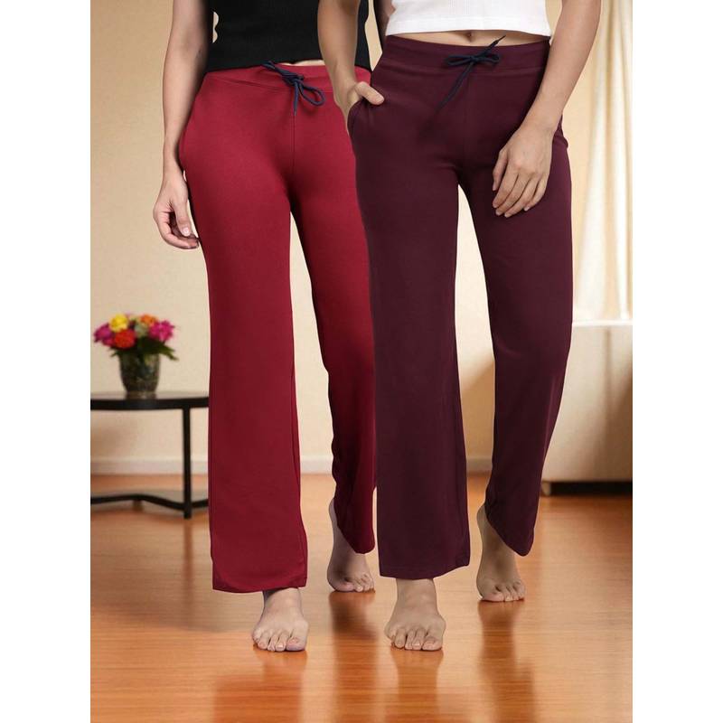 Kryptic Maroon & Wine Cotton Solid Mid-Rise Pyjamas (Pack of 2) (L)