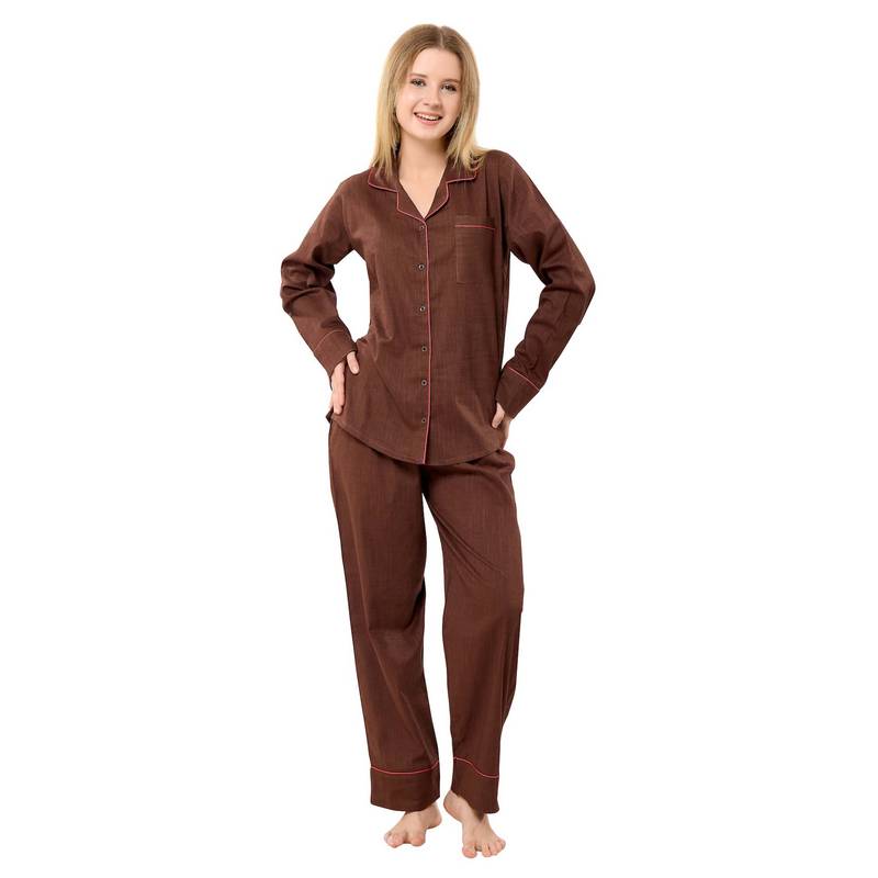 PIU Brown Solid Full Sleeves Shirt with Pyjama (M)