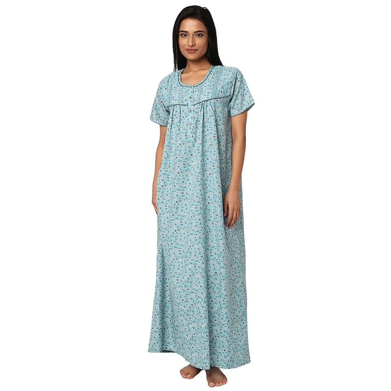 Juliet Green Cotton Round Neck Nightdress (M)