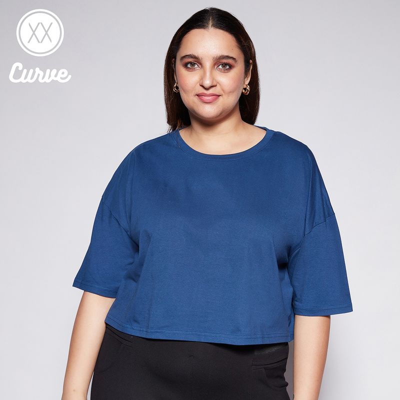 Twenty Dresses by Nykaa Fashion Curve Navy Blue Solid Round Neck Loose Basics Crop T-Shirt (2XL)