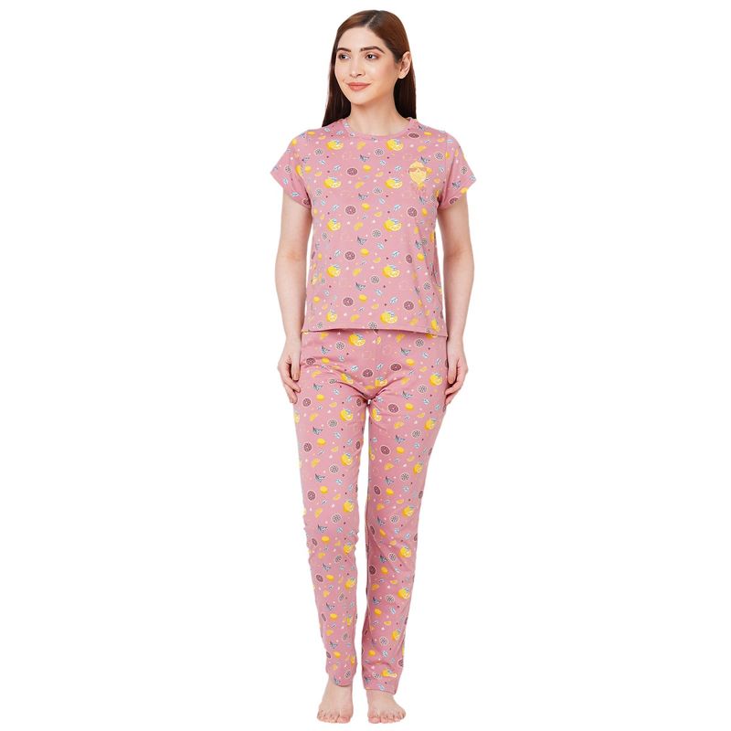 Sweet Dreams Women Printed Round Neck Short Sleeve Mauve Pink Cotton Jersey Pyjama Set (M)
