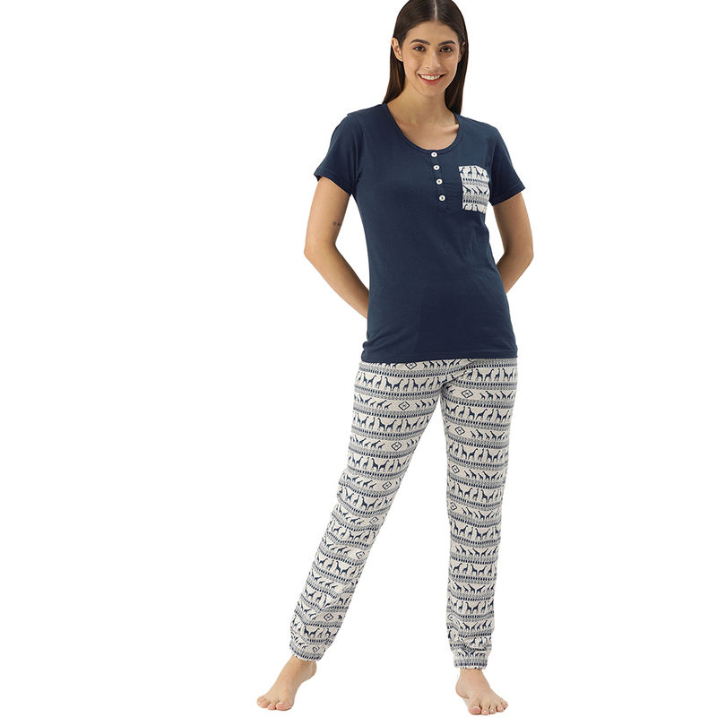 Slumber Jilll Aztec Animal Blue Melange Pyjama Set-Fs-122 (XS)
