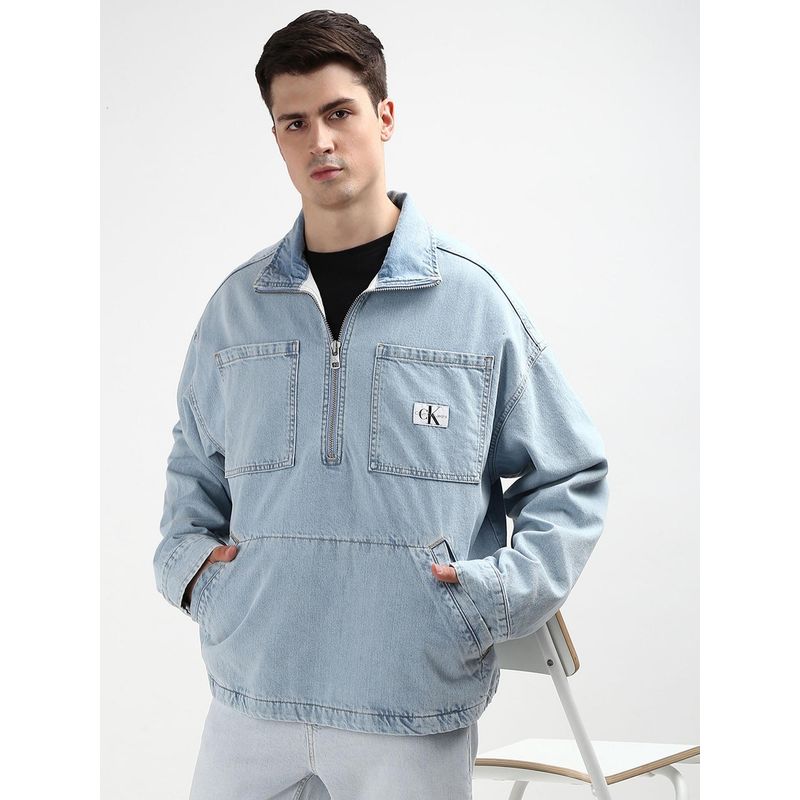 Calvin Klein Blue Solid Relaxed Fit Cotton Jacket (M)