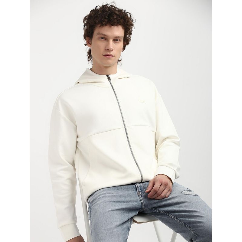 Calvin Klein Off White Solid Relaxed Fit Cotton Jacket (L)