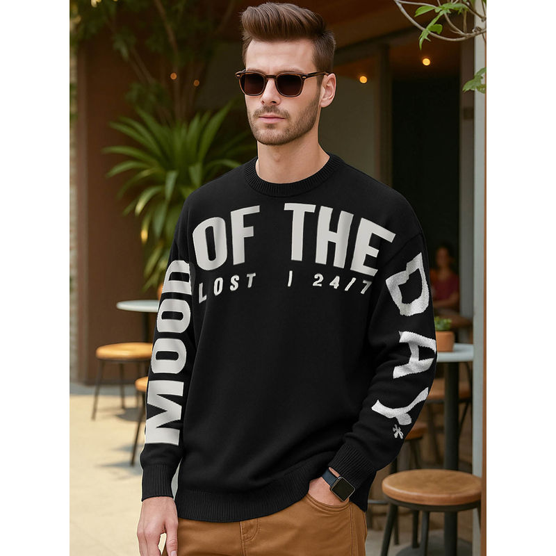 Bewakoof Men's Black Of Mood Typography Flatknit Sweater (M)