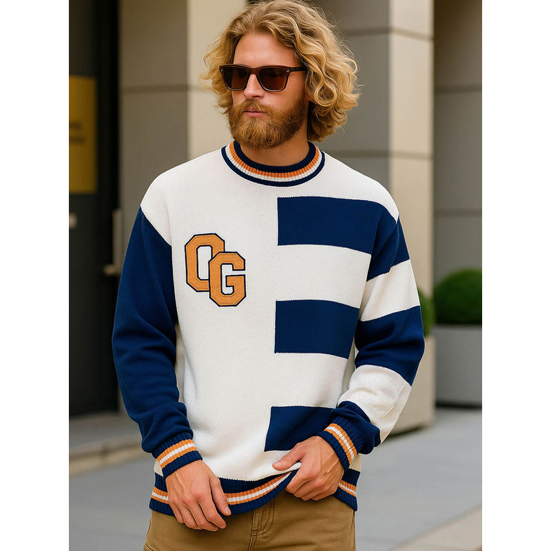 Bewakoof Men's White & Blue Color Block Oversized Sweater (S)
