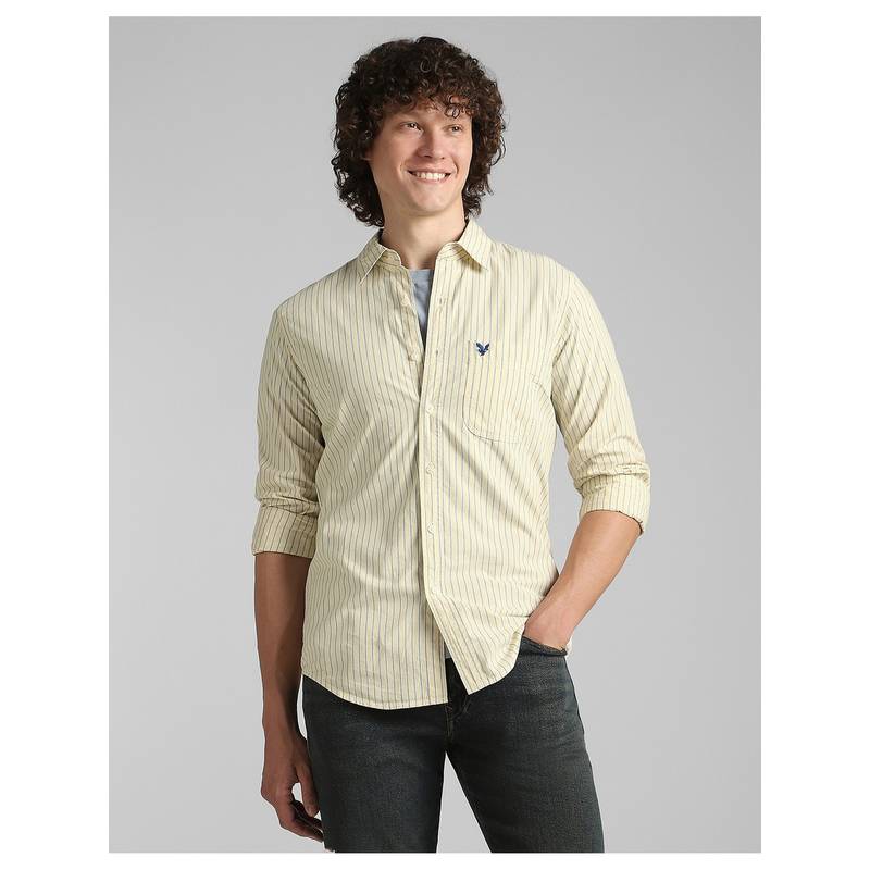 American Eagle Men Yellow Slim Fit Poplin Button-Up Shirt (XS)